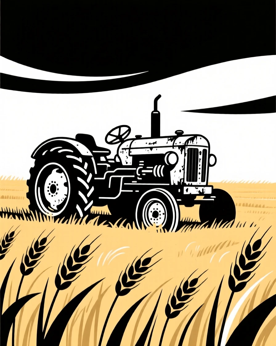 An old tractor resting in a golden wheat field.