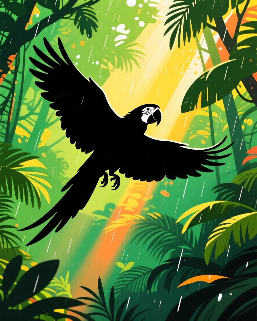 A macaw parrot spreading its wings mid-flight through a dense rainforest canopy.