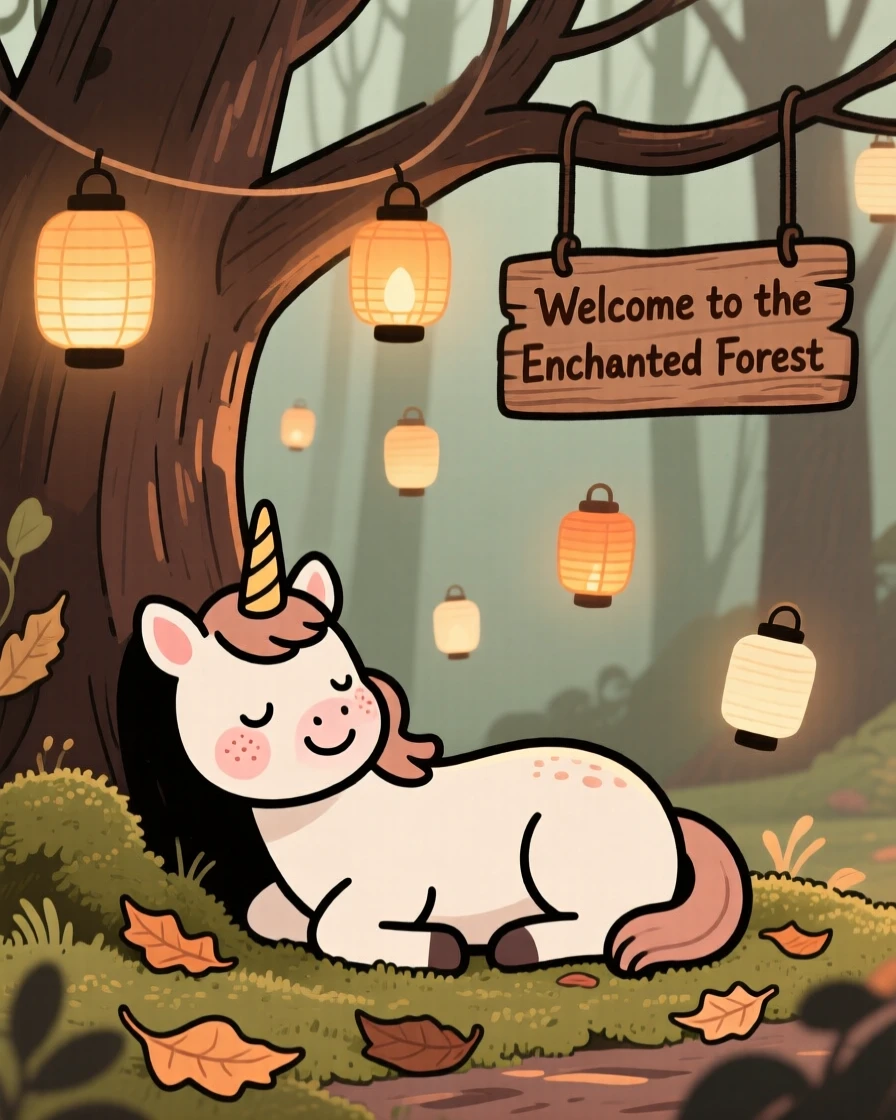 A unicorn foal rests beneath a tree hung with lanterns in an enchanted forest, surrounded by floating lanterns that drifts gently through the air.