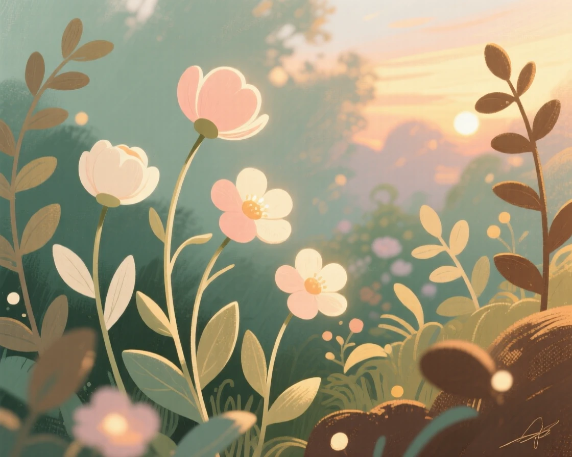 A magical garden where flowers glow softly at twilight