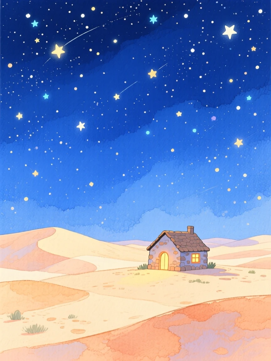 A star-filled night sky over a silent desert dune, with a small stone cottage nestled in the distance, radiating natural splendor and tranquility.