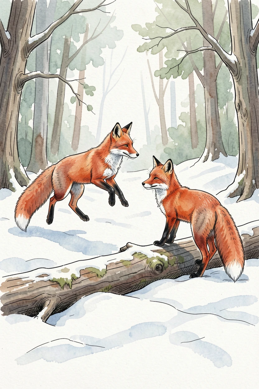 A pair of red foxes playing in a snow-covered clearing, one mid-leap as the other watches from beside a fallen log