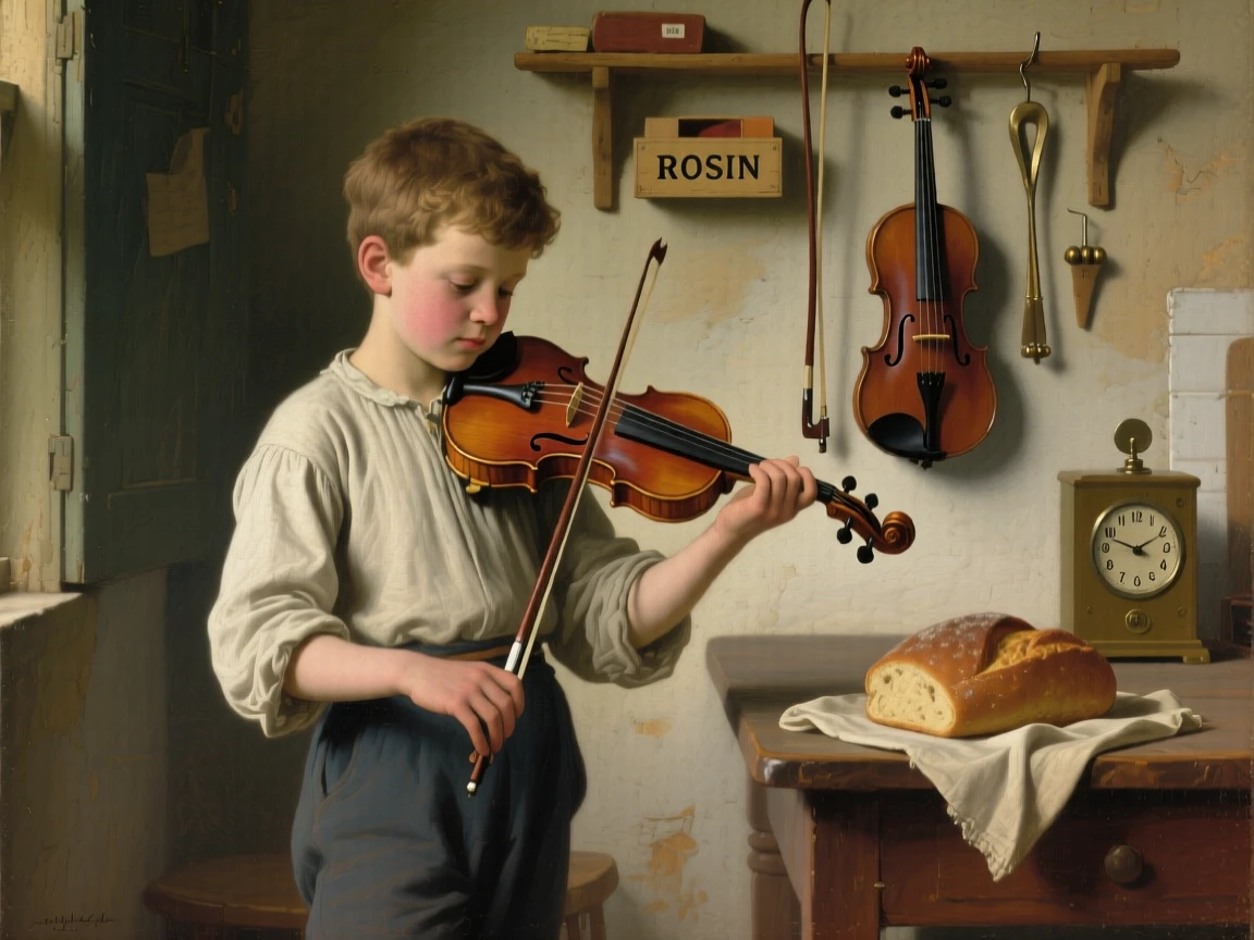 A young boy proudly holding his first violin captured in a quiet, introspective moment, set in a modest cottage kitchen filled with the smell of bread, with tools of the trade arranged carefully within reach; warm and cool tones contrast to separate figure from background, radiating warmth, humility, and lived experience.