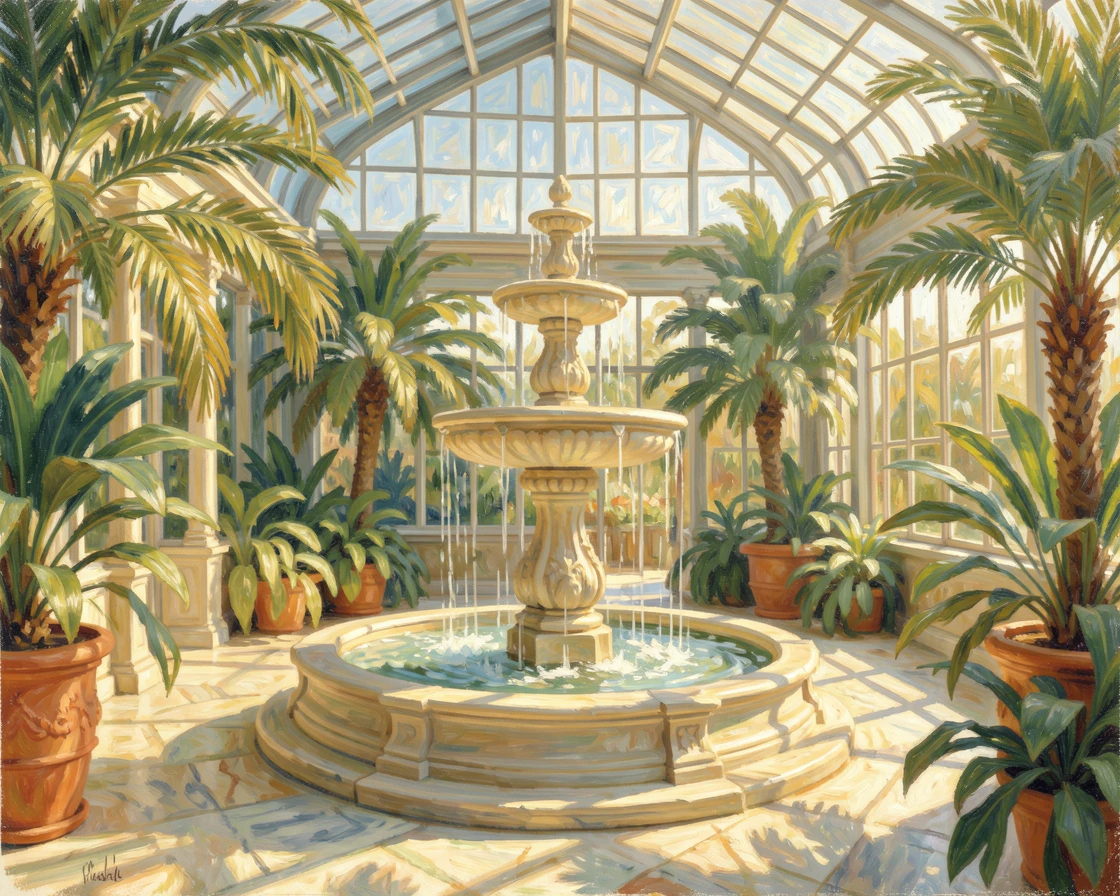 A grand glass conservatory filled with exotic palms and a fountain at its center, sunlight streaming through the panes.