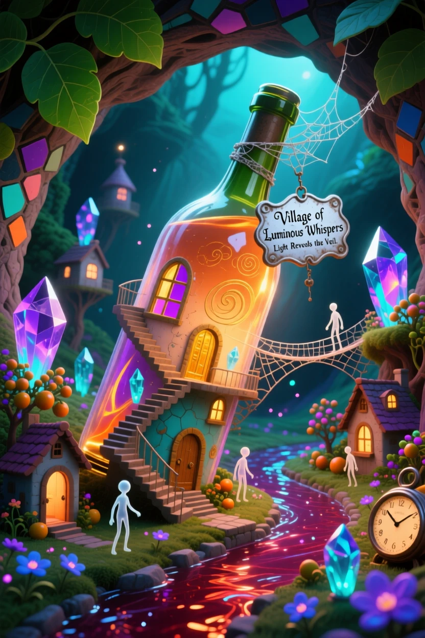 A sprawling village built inside the hollow of an old wine bottle reveals itself only when held up to the light, as a soft hum of unseen life drifts outward.