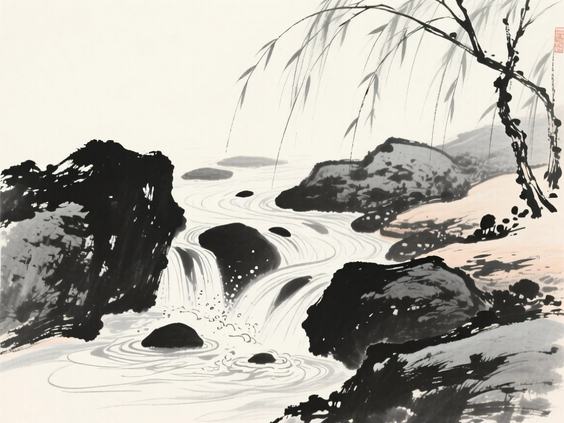 a narrow mountain stream tumbling over stones, with willow branches trailing into the water.