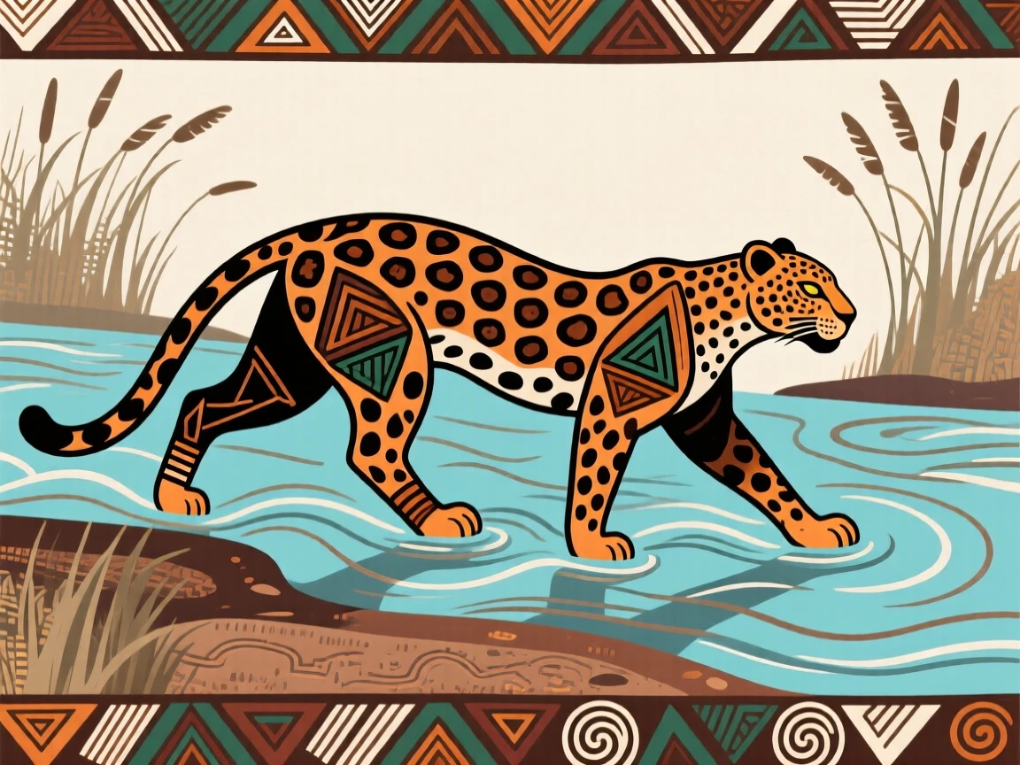 A leopard crossing a wide river.