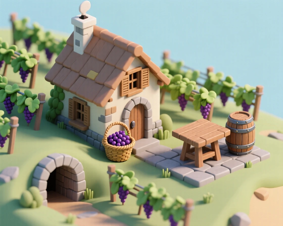 A hillside vineyard cottage surrounded by neat rows of grapevines, a wine barrel repurposed as a table, a stone wine cellar entrance, and a basket of grapes by the door.
