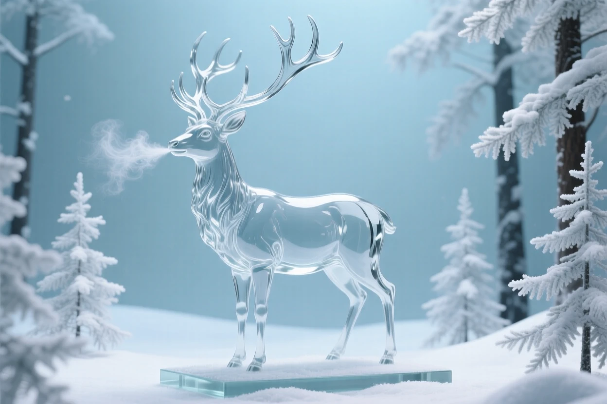 A stag with towering antlers in a snow-dusted pine forest, breath visible in the cold air, soft winter light giving the scene a hushed, peaceful feeling.