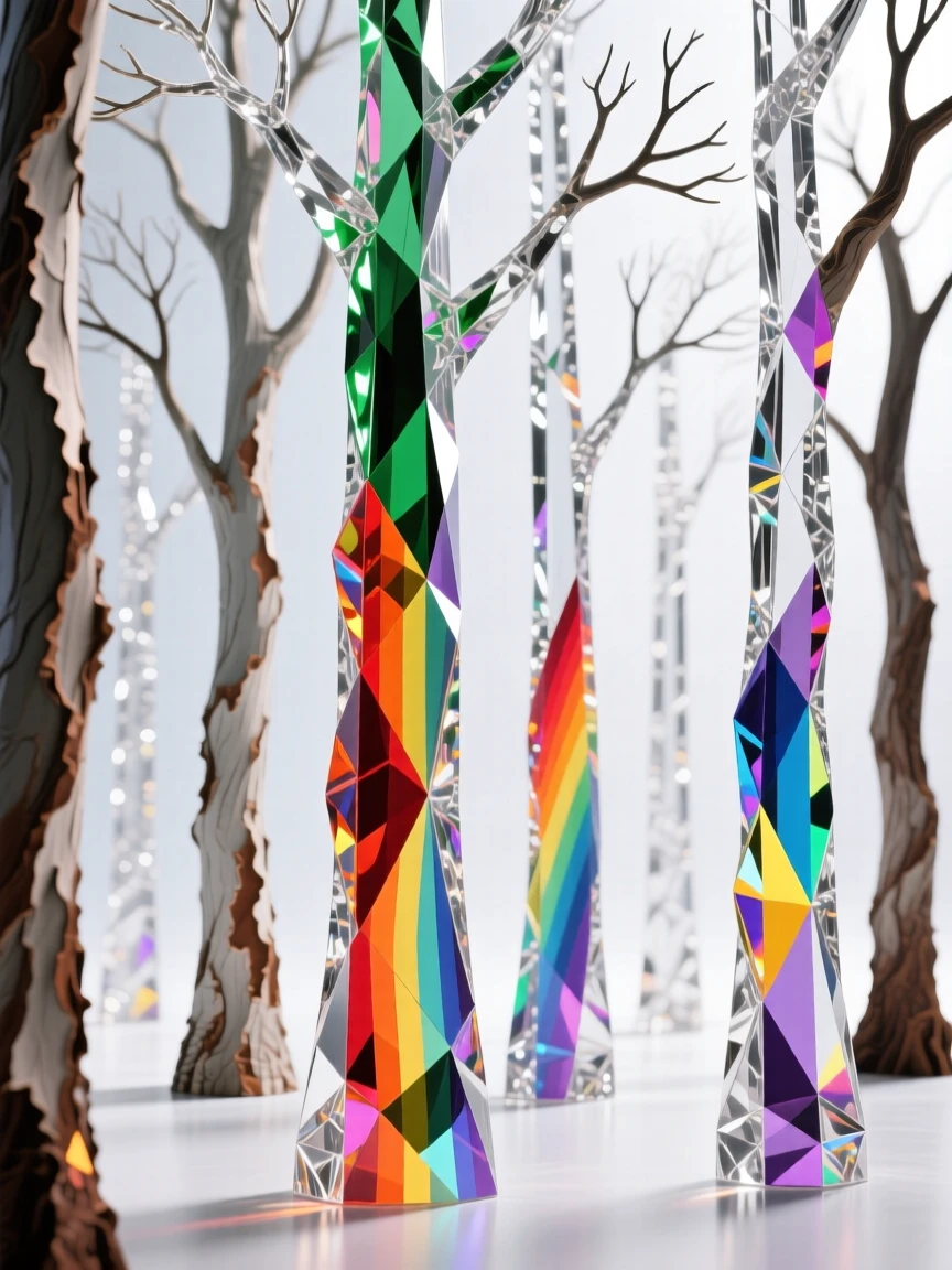 A rainbow eucalyptus forest with bark peeling in vivid streaks of color.