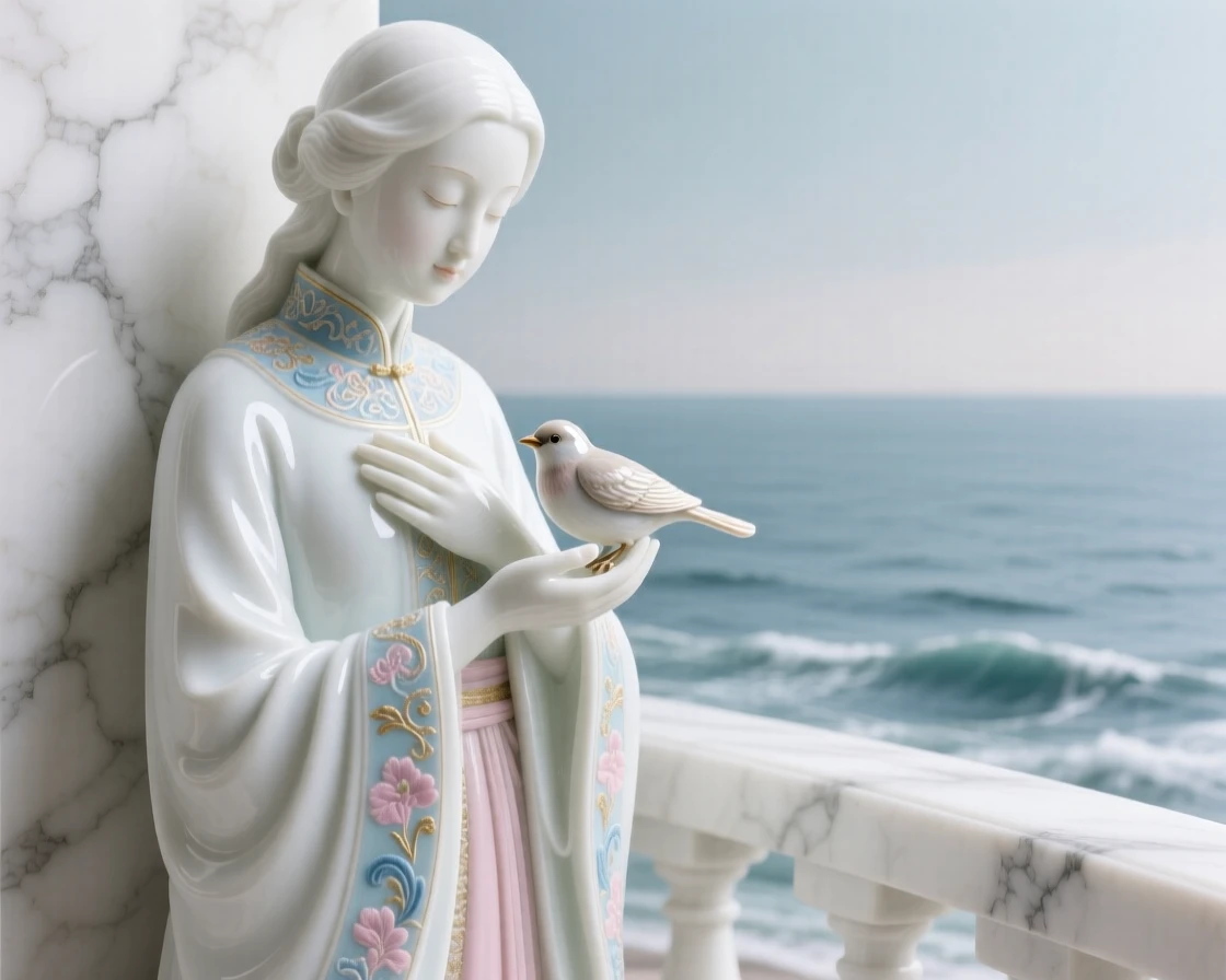 A poet cradling a small bird in cupped hands, wearing a richly embroidered robe, one hand resting gently over her heart, set against a marble balcony overlooking the sea.