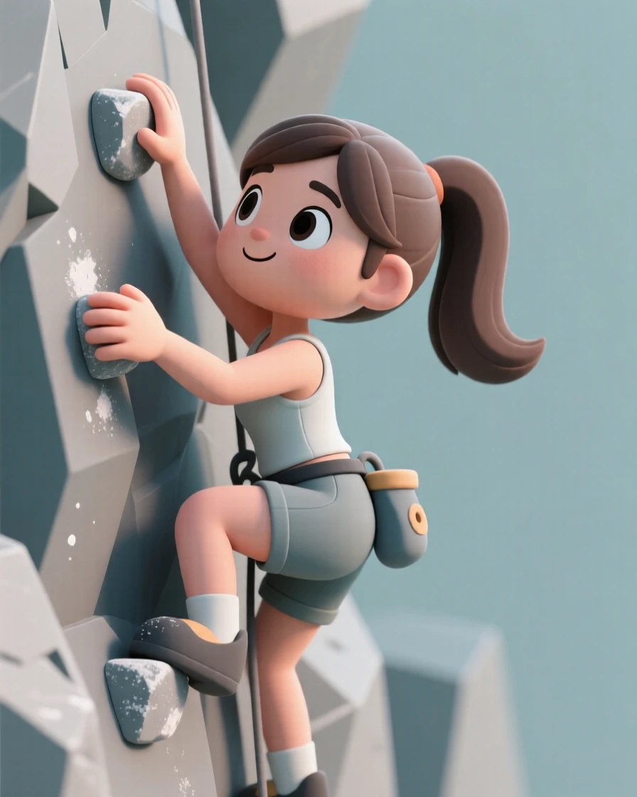 A determined rock climber grips a craggy cliff face, chalk dust on her hands as she reaches for the next hold.