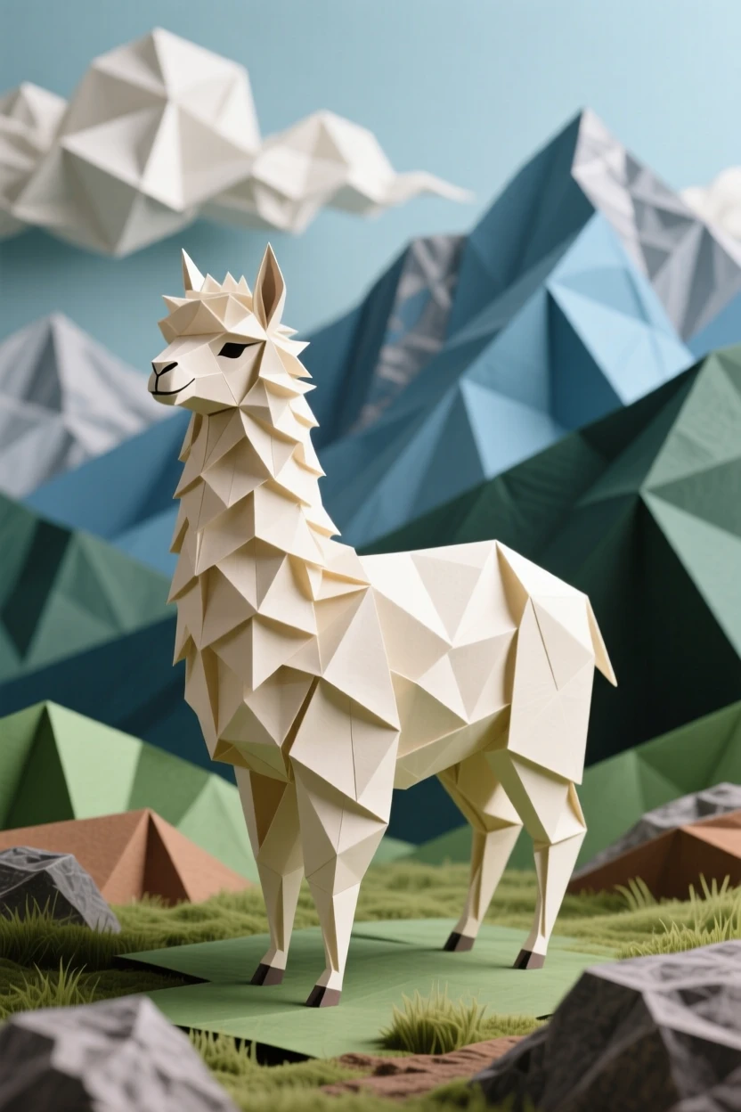 An alpaca with a fluffy windswept coat standing in a mountain pasture, clouds rolling over distant peaks.