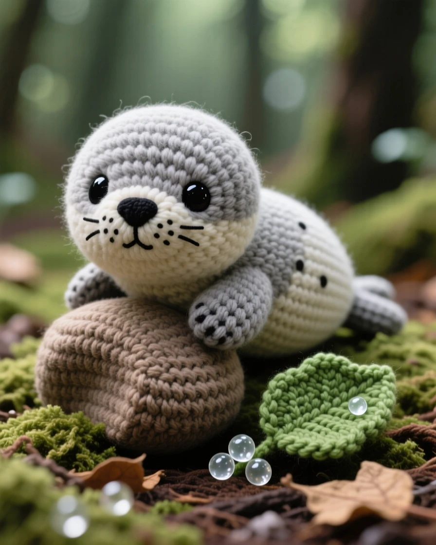 a round baby seal with big dark eyes and smooth grey fur is shown resting its chin on a smooth rock within a cozy woodland clearing dappled with soft light, accompanied by a cluster of dewdrops on a nearby leaf, capturing wide-eyed wonder at the world around it.