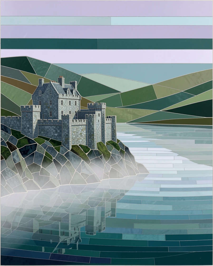 An ancient stone castle perched on a misty scottish loch, viewed from a dramatic elevated vantage point.