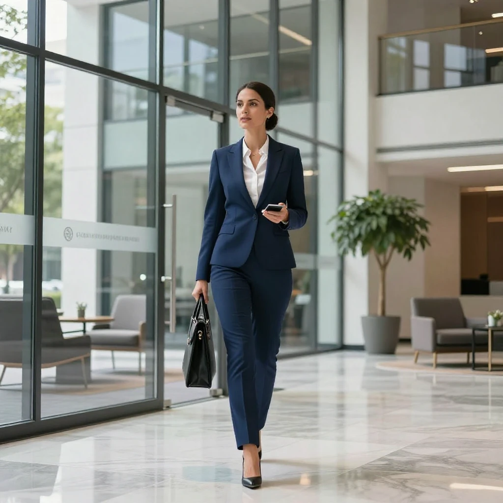 A businesswoman confidently walking through a glass office lobby