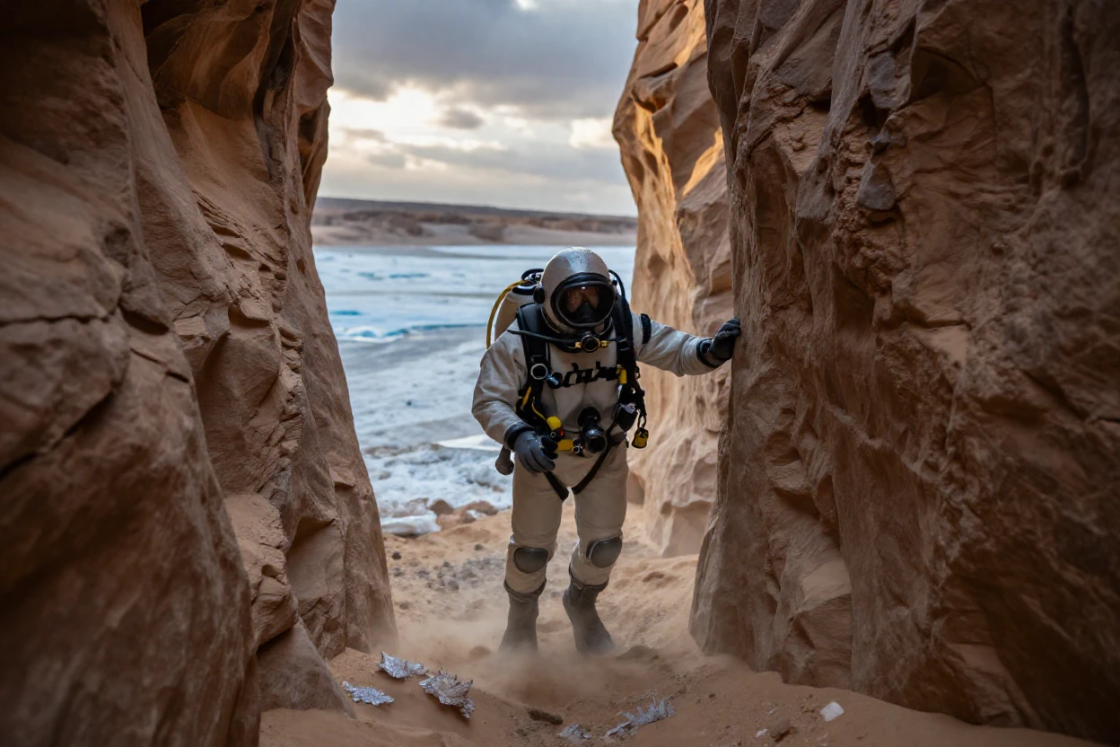 A deep sea diver navigating through a narrow desert canyon along the edge of a vast icy plain