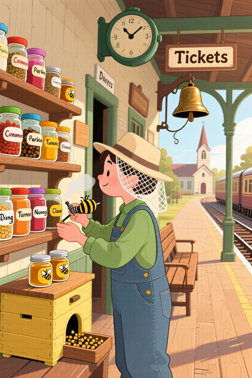 A beekeeper checking a hive pauses while organizing a shelf of colorful spice jars in a small-town train station, as the church bell rings in the distance.