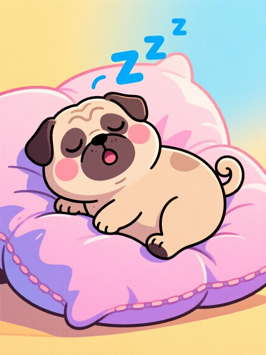 A chubby pug snoring on a giant pillow.