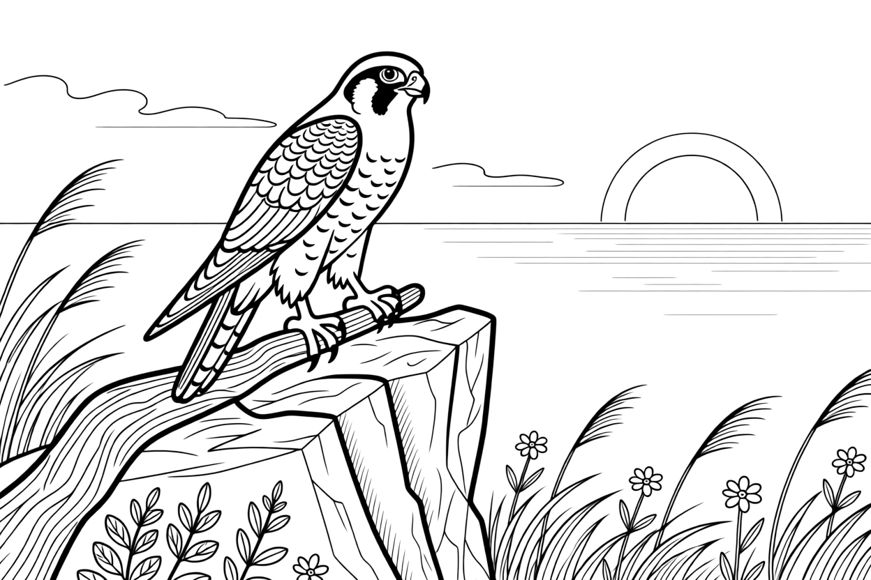A peregrine falcon perched on a jagged cliff at sunset, with claws gripping the bark tightly.