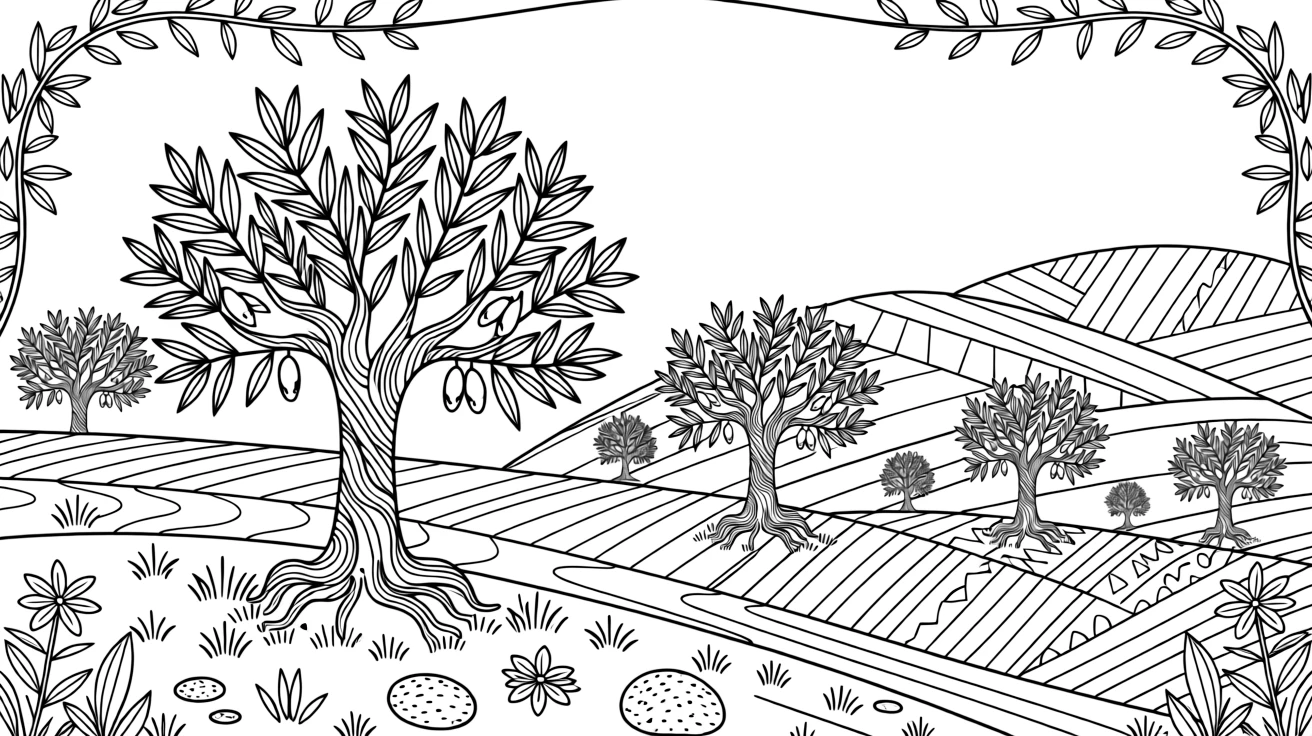 A grove of olive trees with gnarled trunks on a sunlit hillside.