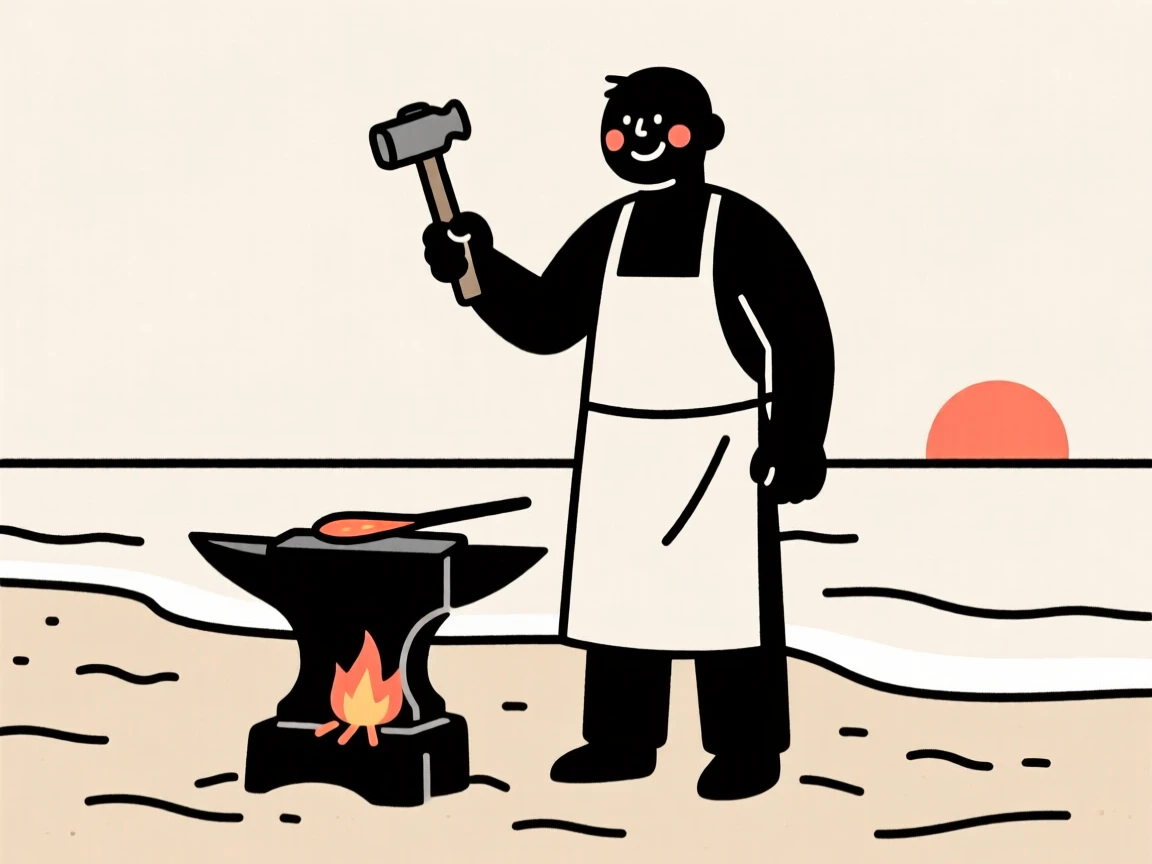 A blacksmith at the forge, beaming with pride, on a sandy beach at sunset.