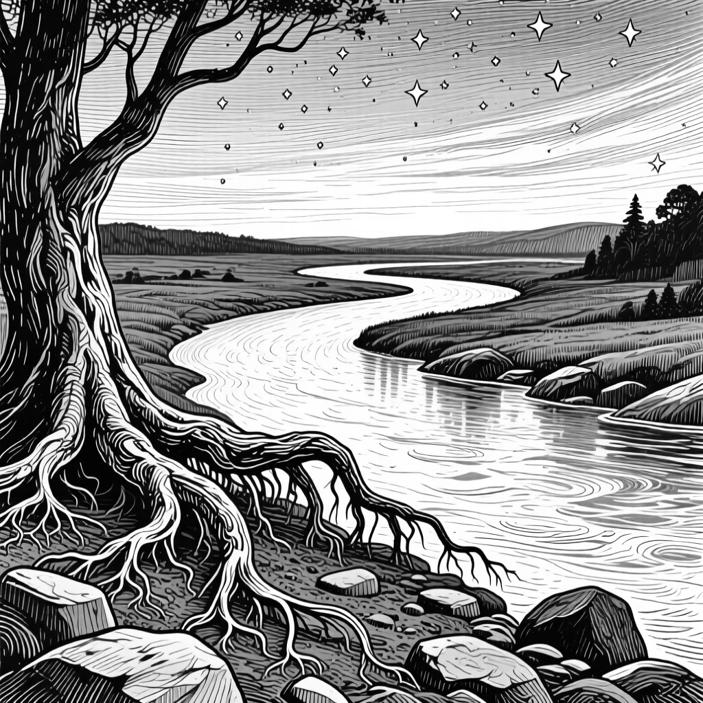 A winding river beneath a canopy of stars beginning to appear, with gnarled roots gripping the rocky soil, evoking a peaceful and untouched atmosphere in a wide, balanced composition.