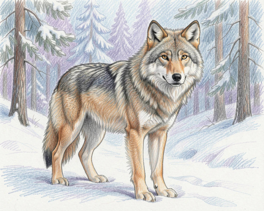 A majestic wolf standing at the edge of a snowy forest, with delicate details in the fur and expressive eyes, designed to melt hearts with its sweetness.