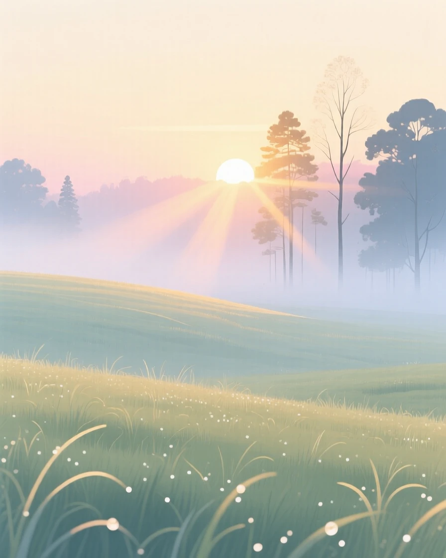 A misty open meadow at sunrise with soft light filtering through the treetops.