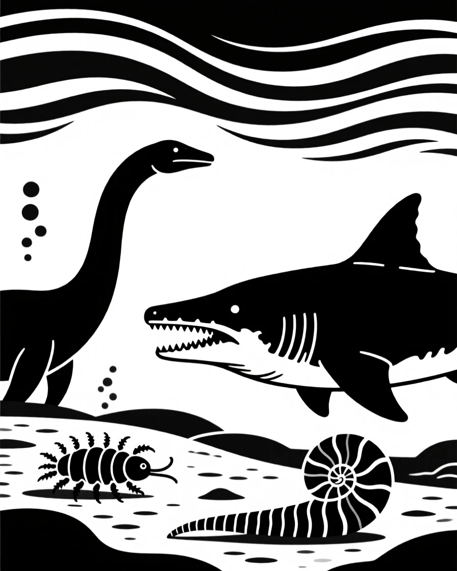 A prehistoric ocean filled with ancient sea creatures.