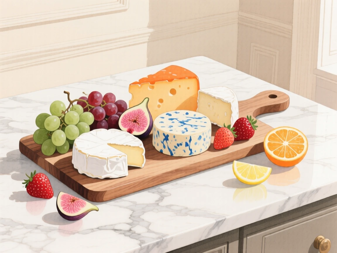 A wooden board of cheese and fruit sits on a marble counter beside citrus slices in an elegant dining room, arranged beautifully for a delightful meal