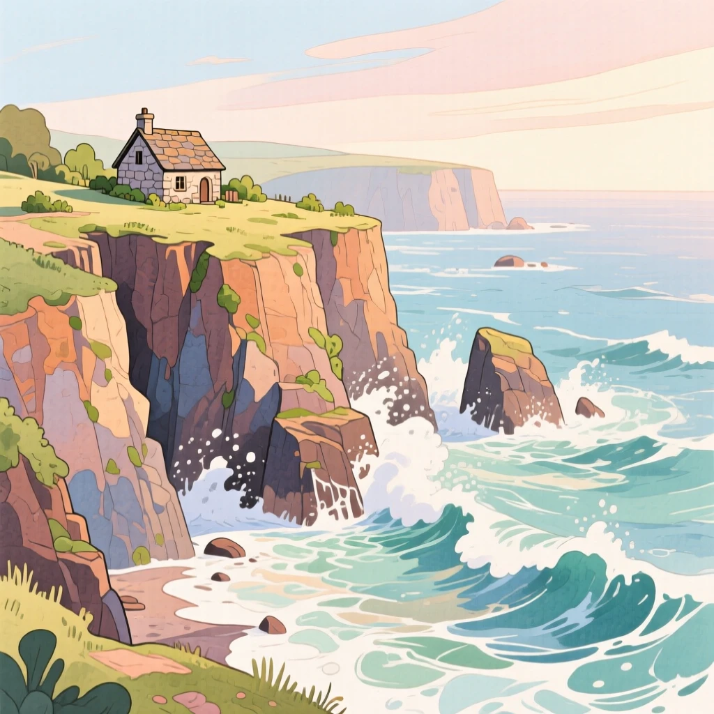 A dramatic coastline with cliffs meeting crashing waves, with a small stone cottage nestled in the distance, inspiring a sense of calm and wonder.