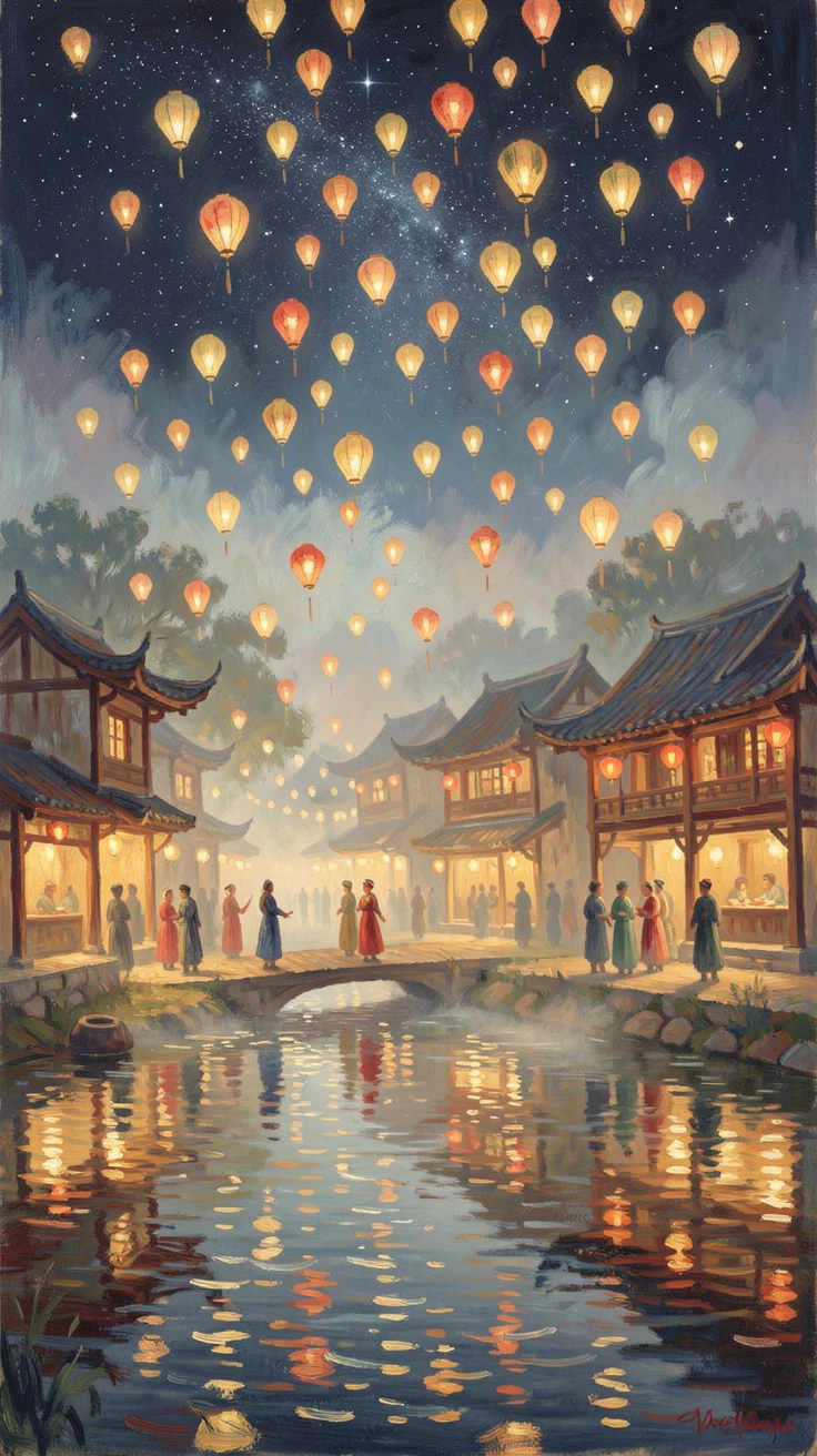A traditional lantern festival in a Chinese village, thousands of glowing lanterns released into the night sky.