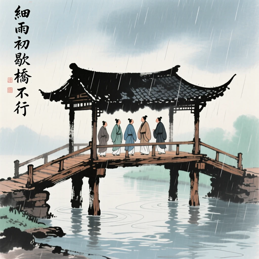 A covered bridge sheltering travelers from a passing rain, through a curtain of fine rain, touched with gentle melancholy, just after a rain shower.