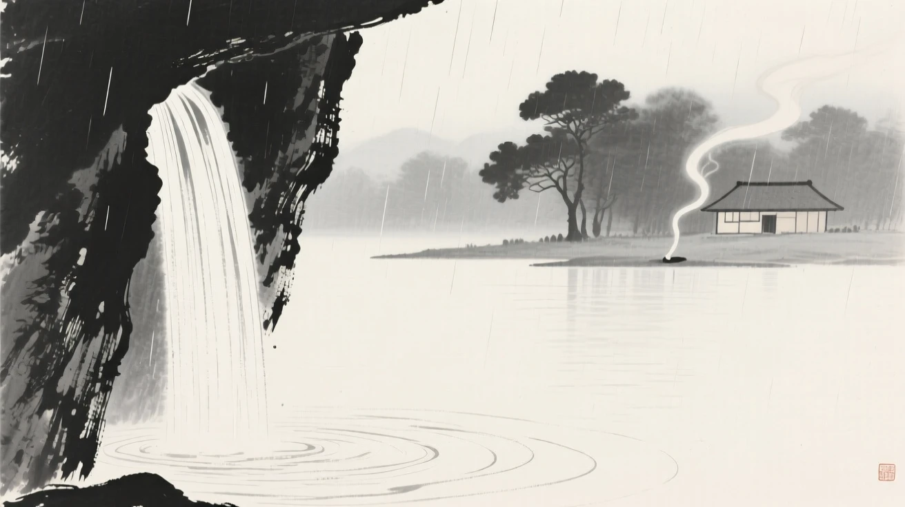 A hidden grotto behind a curtain of falling water while a light rain blurs the distant tree line, seen from across the water, the far shore reduced to soft silhouette, with a thin curl of smoke rising from an unseen dwelling, conveying calm reflection and gentle isolation.