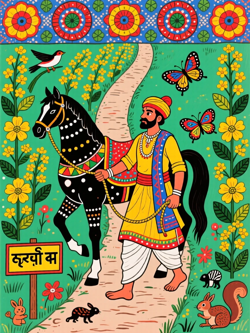 A farmer leading his horse home along a path lined with mustard flowers.