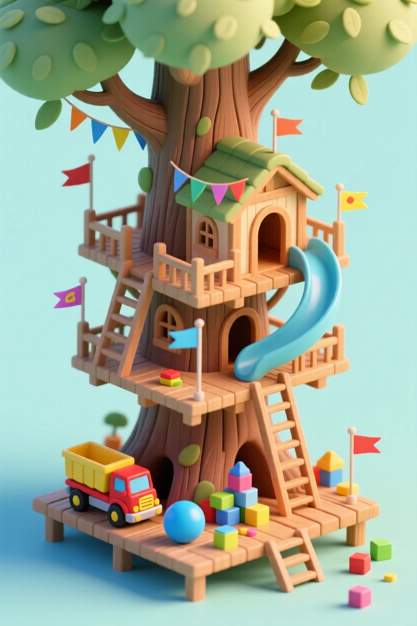 A treehouse treehouse-within-a-treehouse nested design with multiple levels connected by slides and ladders, flags marking each level, and children's toys scattered on a lower deck.
