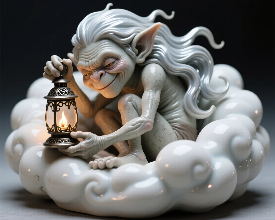 A mischievous goblin clutching a lantern curled peacefully in a nest of clouds, with a mane that flows like liquid silver, capturing the enchantment of forgotten legend.