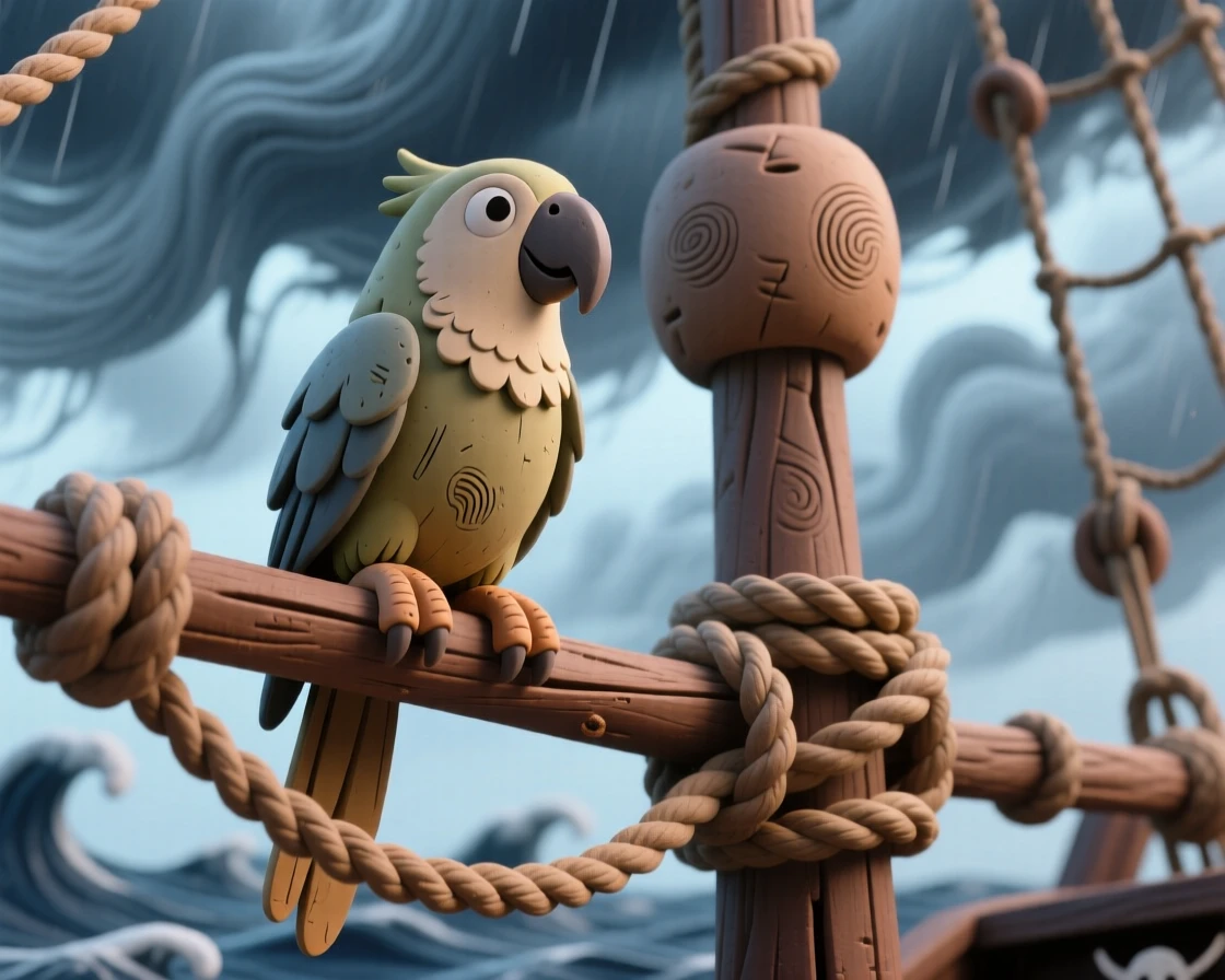 A parrot perched on a pirate ship's rigging against a stormy sky