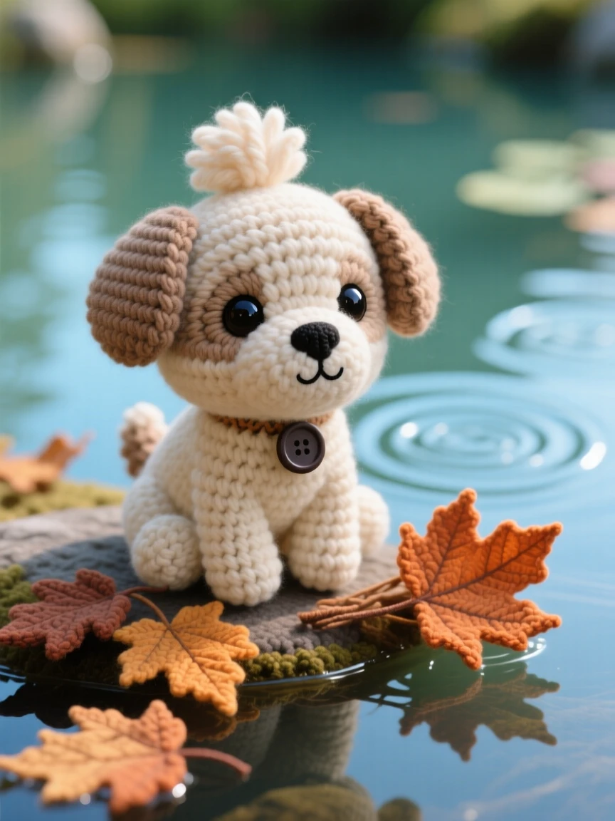 a small shih tzu puppy, with a fluffy topknot and dark button eyes, sitting neatly with paws tucked in, set in the edge of a calm, glassy pond, with a bundle of dried autumn leaves, evoking gentle trust and quiet companionship.