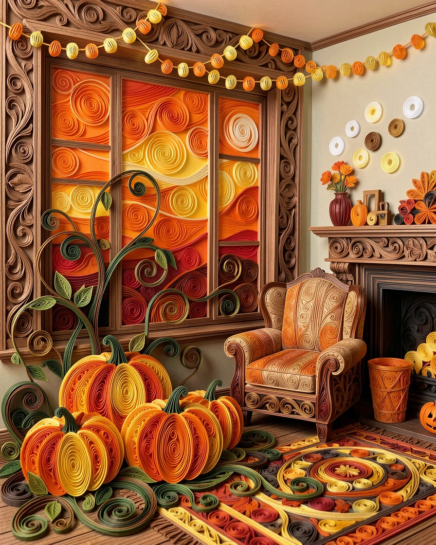 a Halloween pumpkin patch under an orange sunset, in a cozy living room decorated for the holidays, captured with festive bokeh lights in the background, under the warm glow of string lights.
