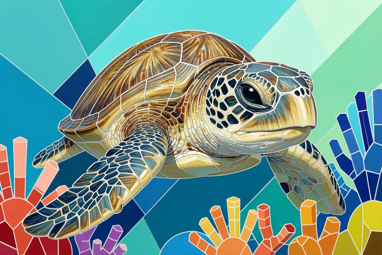 A close-up portrait of a sea turtle gliding gracefully over a coral reef, showing rich fur or feather detail and expressive eyes.