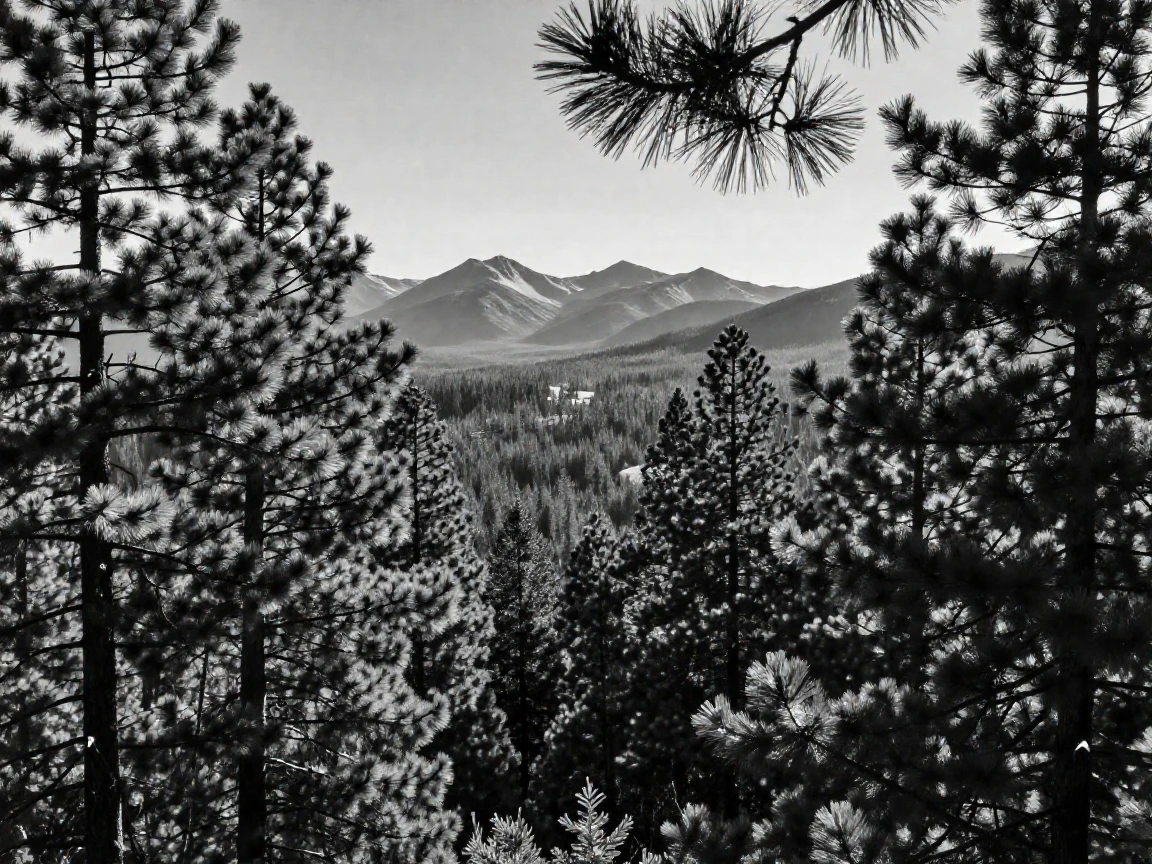 A dense pine forest stretches endlessly toward the horizon beneath a range of distant peaks.