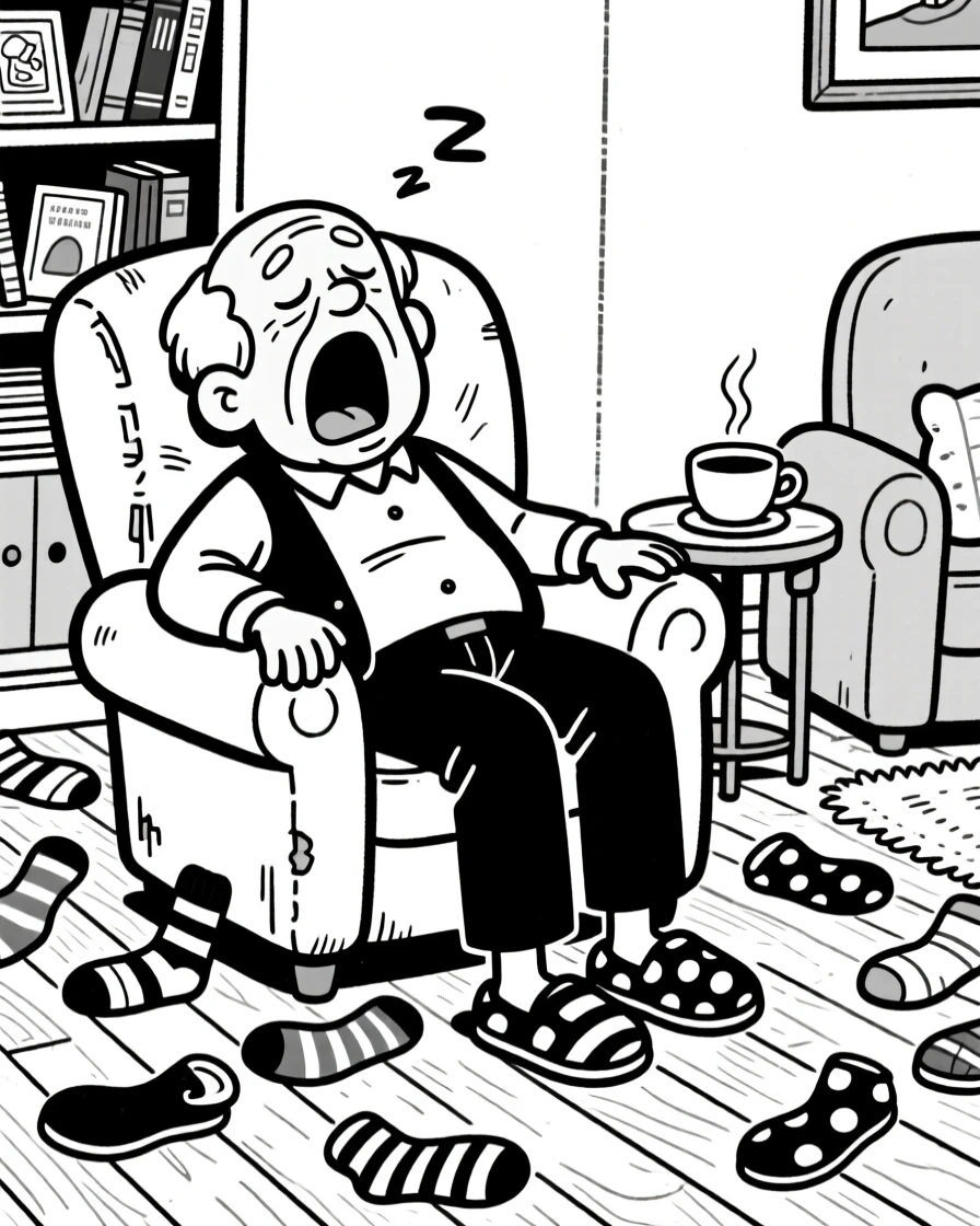 A grandfather dozing off in his favorite armchair, caught mid-yawn during story time, set in a cozy living room with mismatched socks scattered on the floor. Mismatched slippers peek out from under the couch. The scene radiates the warm chaos of everyday family love.