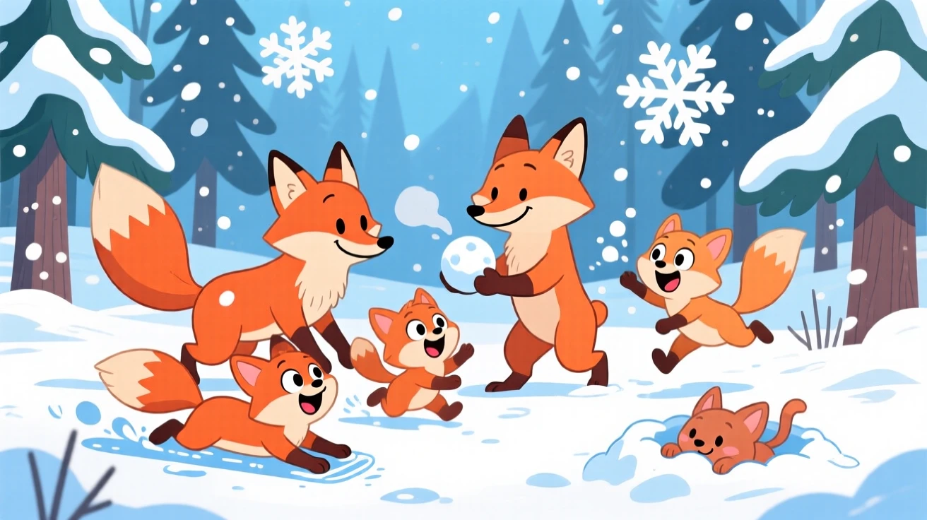 A fox family playing in a snowy forest clearing.
