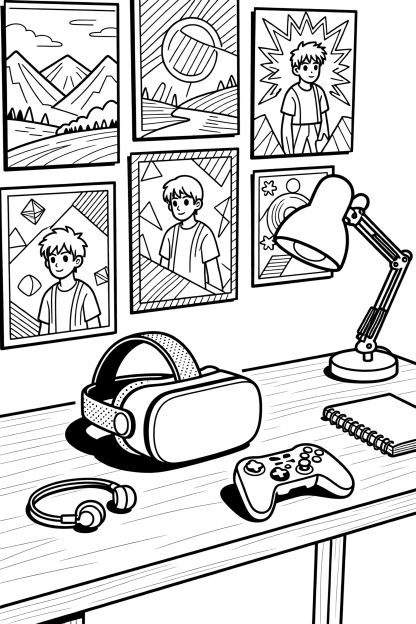 A VR headset resting beside a controller on a desk, with a poster wall visible in the background.