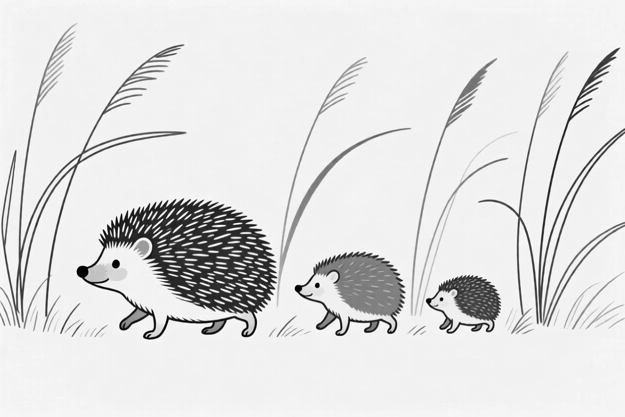 A hedgehog family walking in a line through tall grass