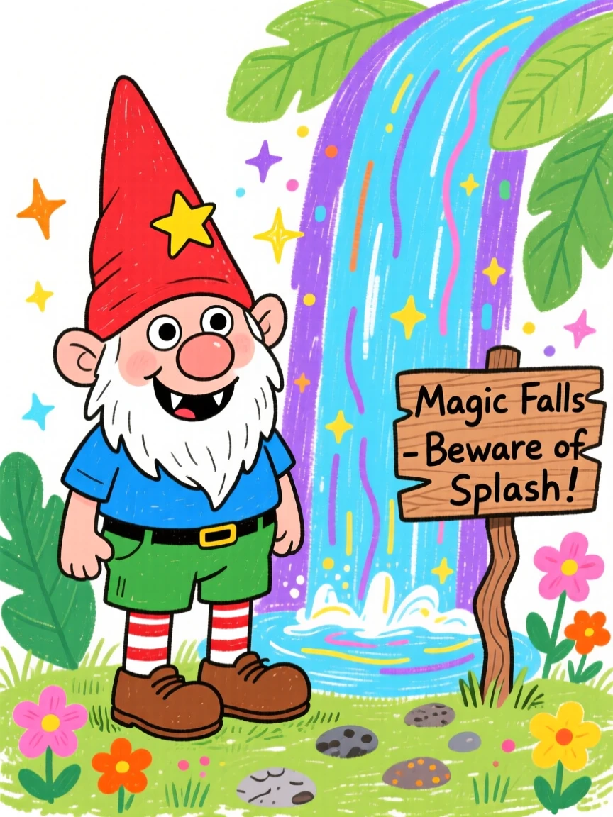 A mischievous garden gnome beside a glowing magical waterfall.