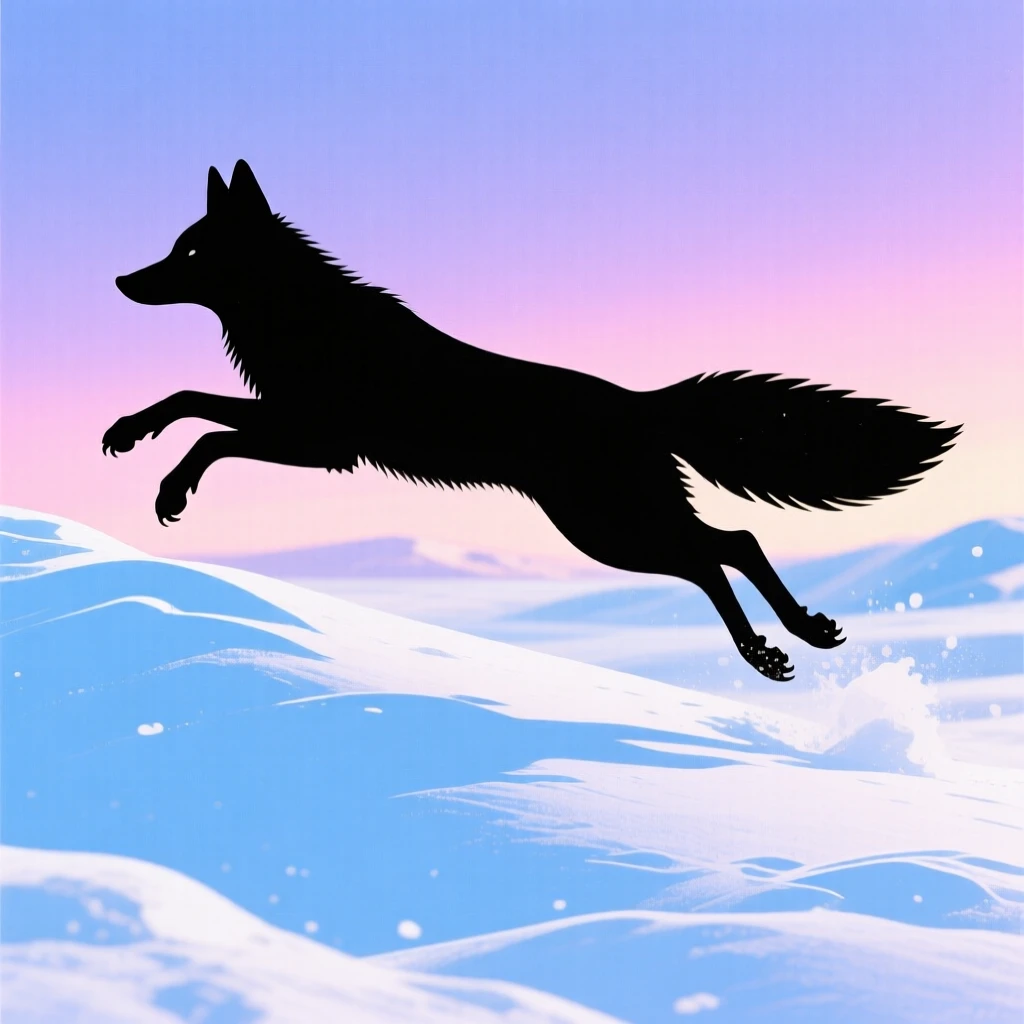 An arctic fox bounding through deep snow, mid-leap with all four paws off the ground.
