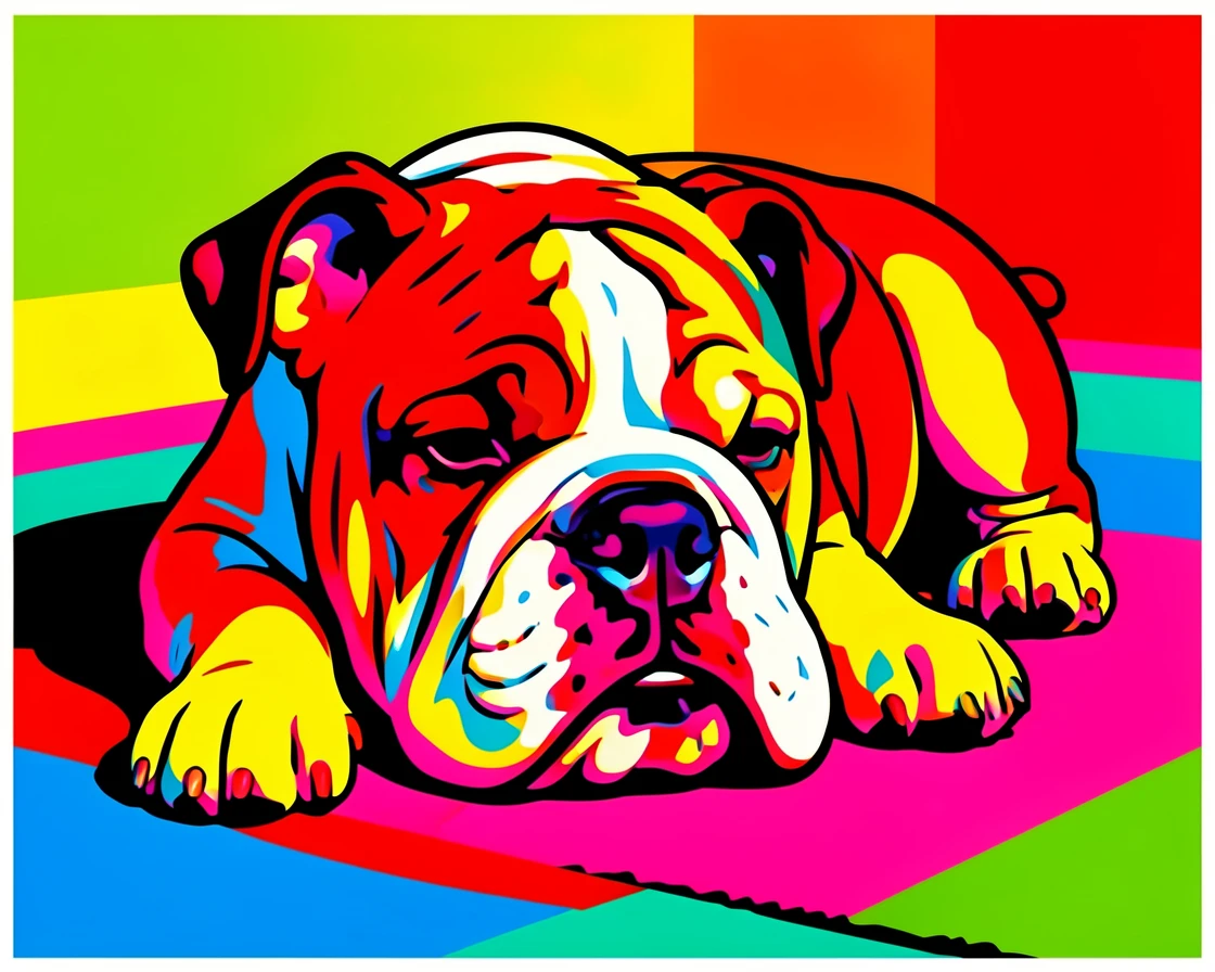 Bulldog puppy wrinkled and sleeping on a rug